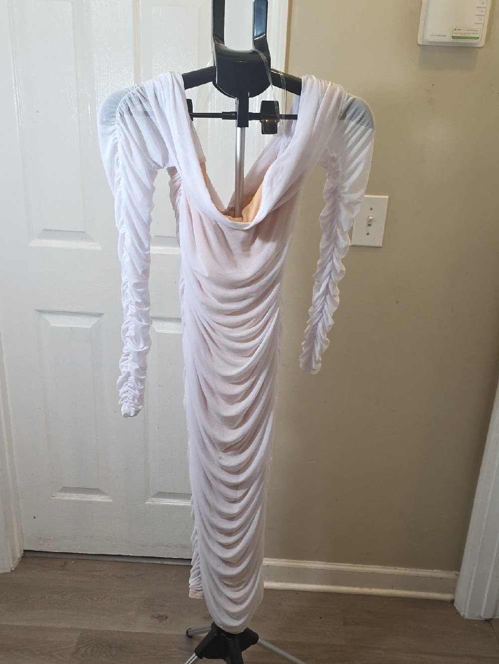 White Draped Long-Sleeve Ruched Dress